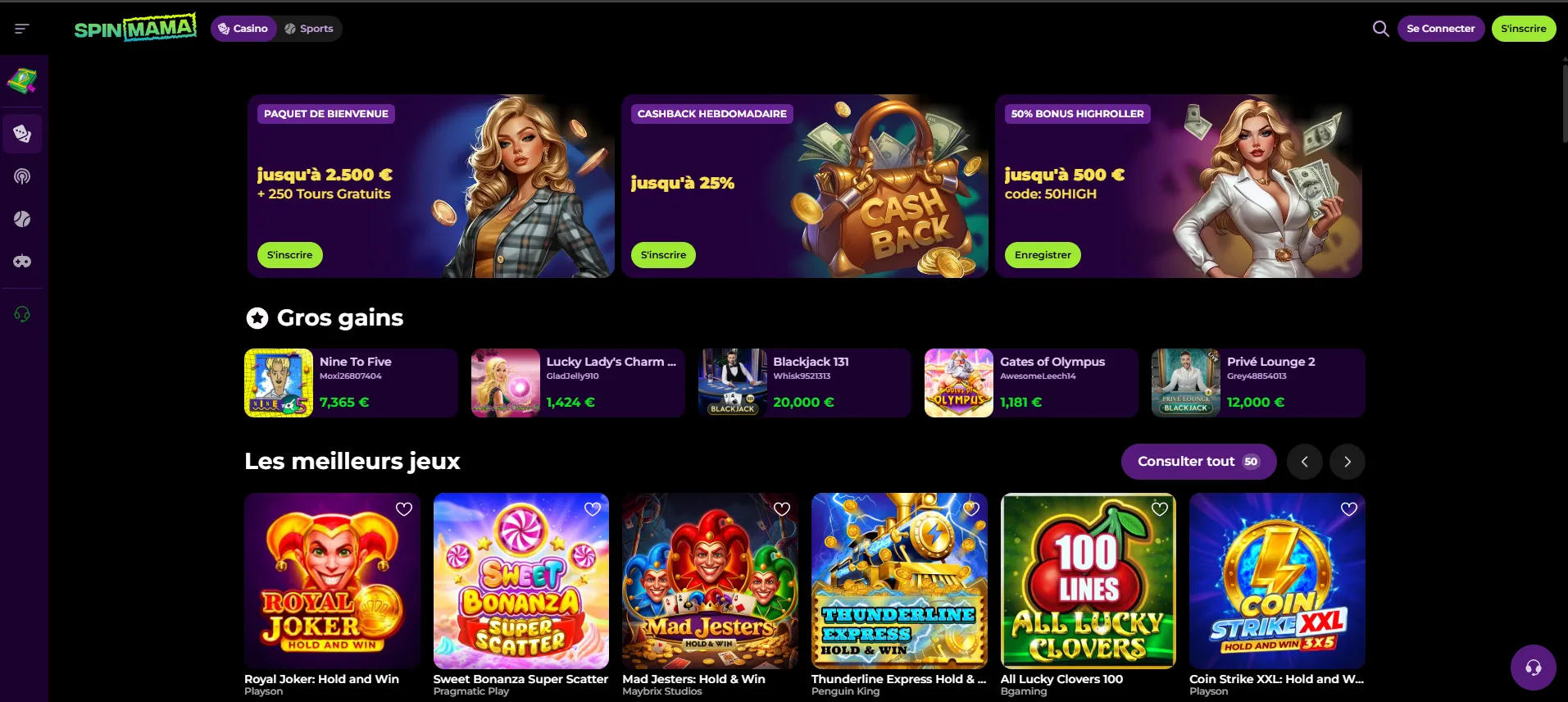Page d'accueil de SpinMama Casino : paquet de bienvenue 2 500 €, cashback hebdomadaire et bonus mensuel