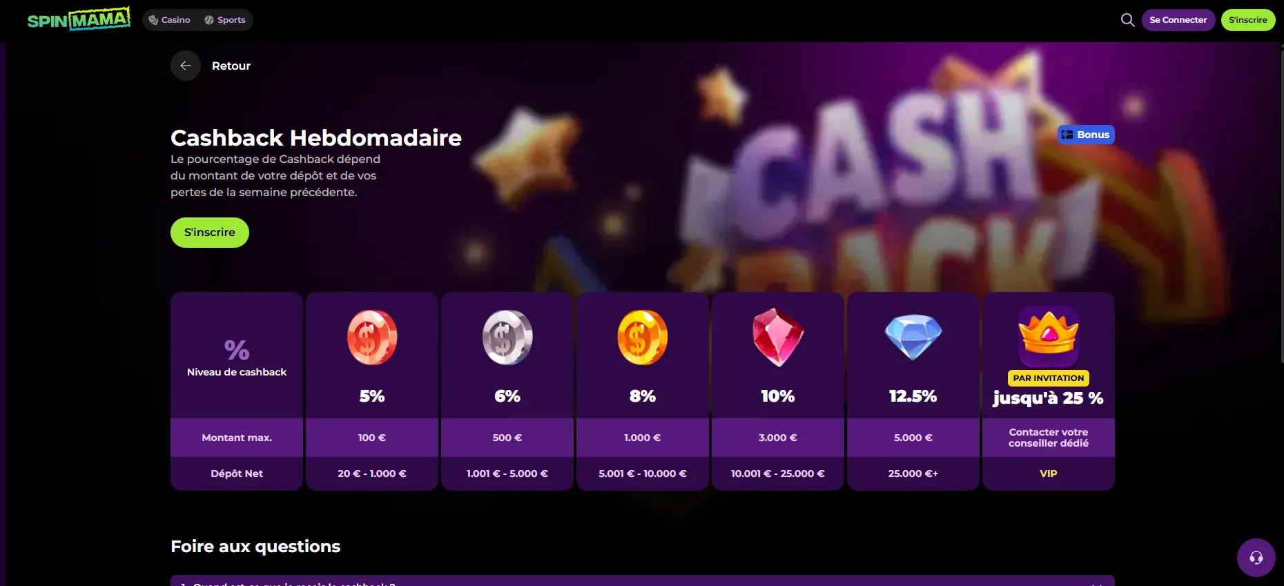 Tableau des paliers de cashback hebdomadaire SpinMama, de 5 % à 25 % selon le dépôt net
