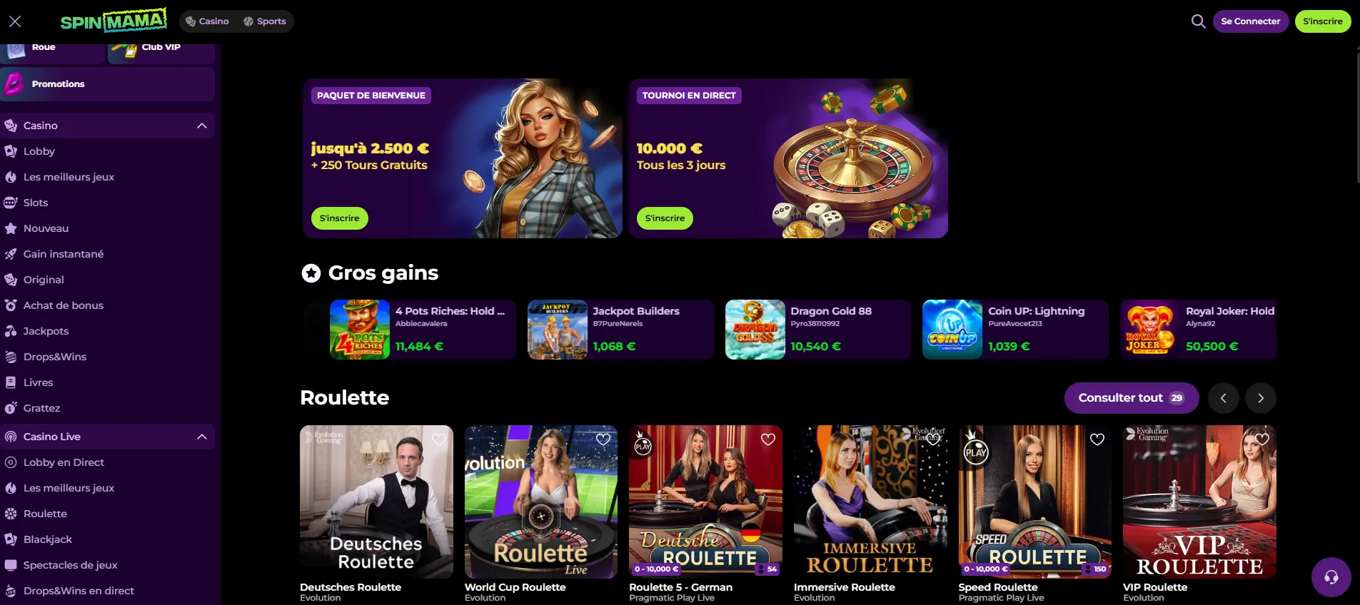 Section Casino Live de SpinMama : tables de roulette Evolution et Pragmatic Play en direct
