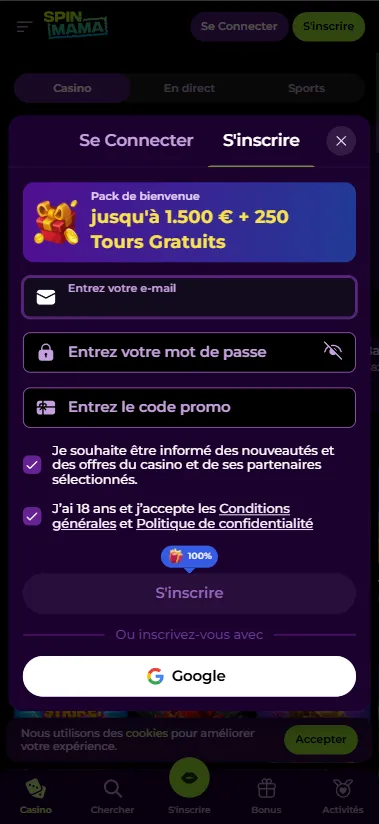 Formulaire d'inscription SpinMama avec champ code promo et pack de bienvenue 1 500 € + 250 tours gratuits
