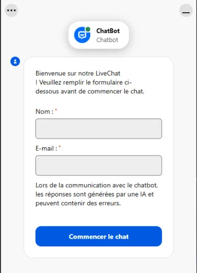 Fenêtre de LiveChat SpinMama avec formulaire nom et e-mail avant de démarrer la conversation