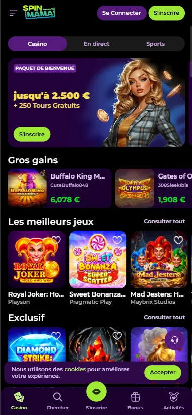 Sélection « Les meilleurs jeux » de SpinMama Casino sur mobile : Royal Joker, Sweet Bonanza, Mad Jesters