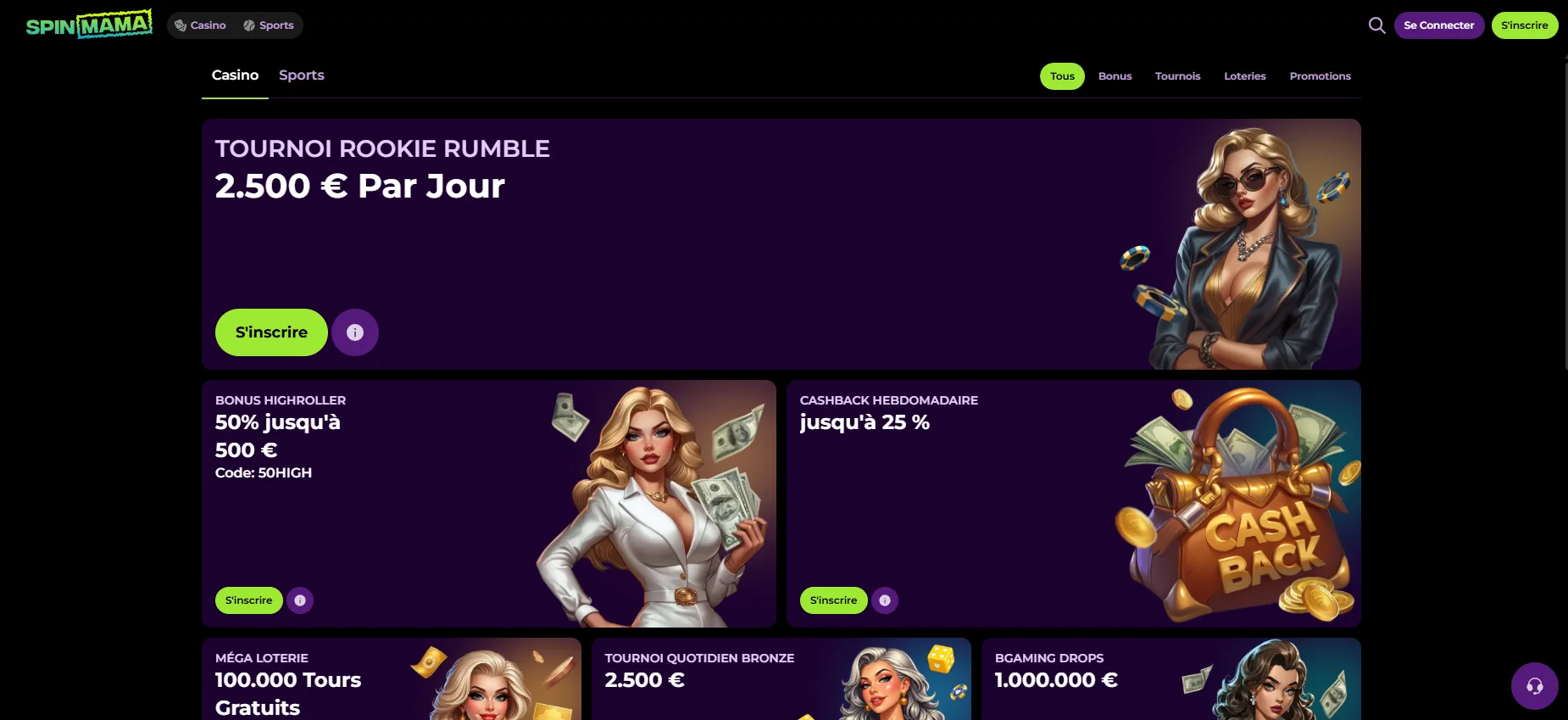 Grille des promotions SpinMama : tournoi Rookie Rumble, bonus Highroller code 50HIGH, cashback, méga loterie